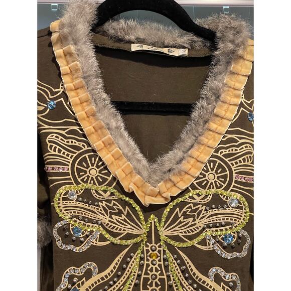 Vintage Free for Humanity Jeweled Beadazzled Med Olive Green Rabbit Fur Trim Top - Picture 10 of 16
